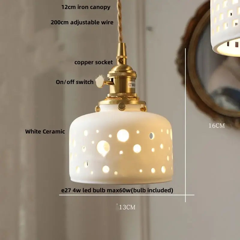 Pleated white fabric pendant light bedroom ceramic wood decor