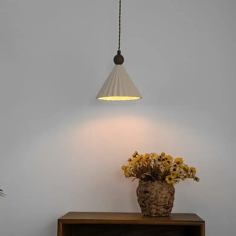 Pleated white fabric pendant light bedroom ceramic wood decor