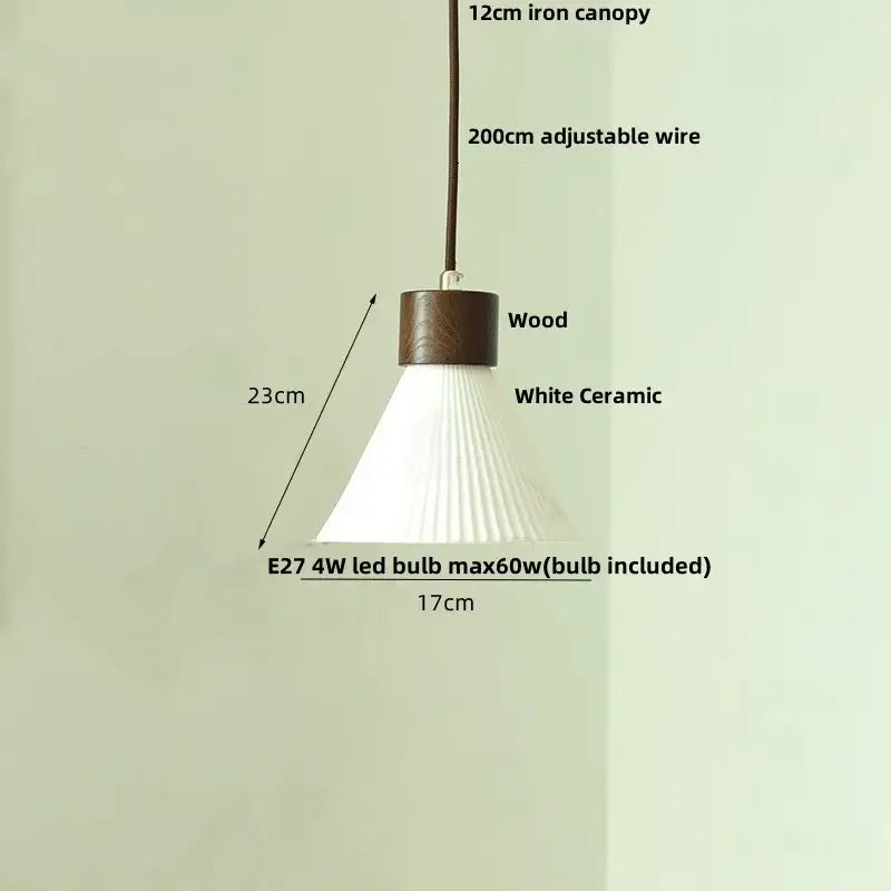Pleated white fabric pendant light bedroom ceramic wood decor