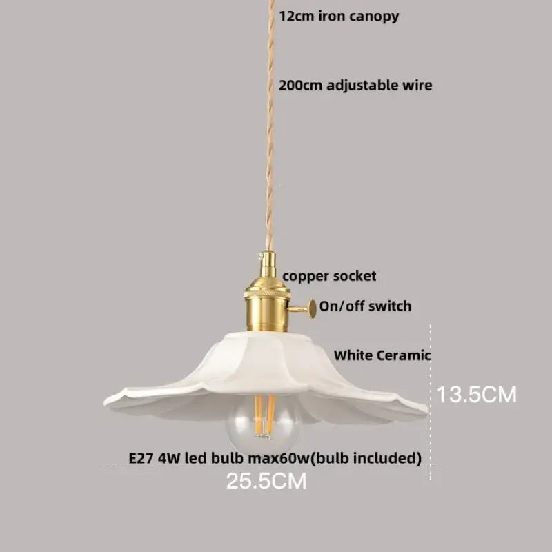 Pleated white fabric pendant light bedroom ceramic wood decor