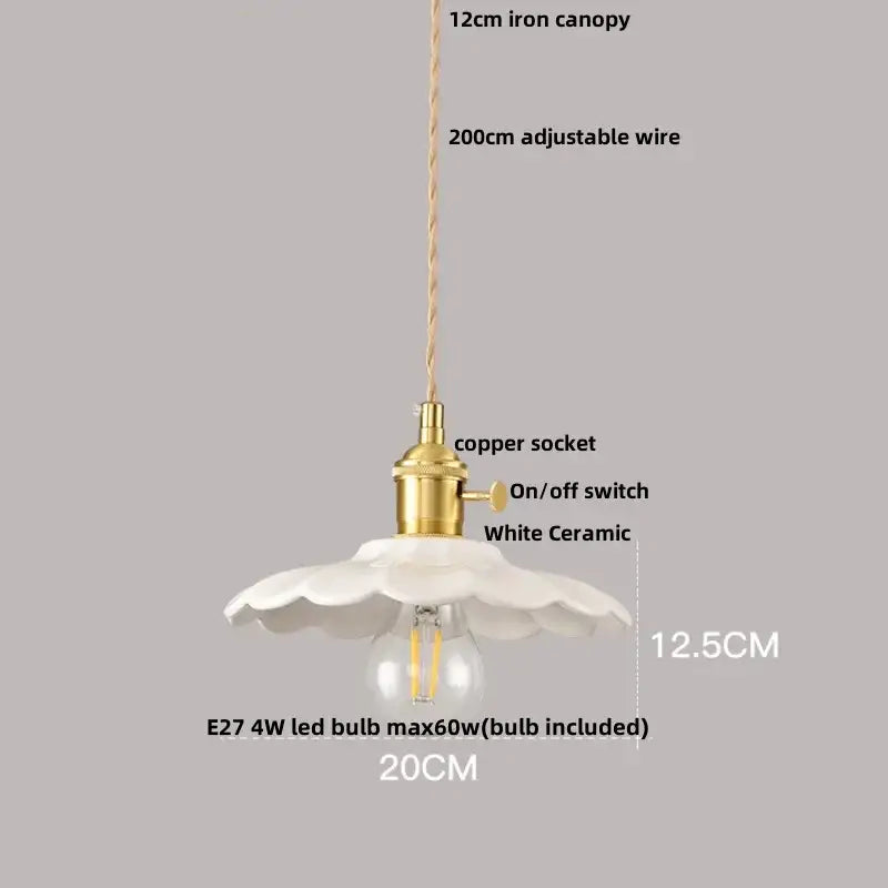 Pleated white fabric pendant light bedroom ceramic wood decor