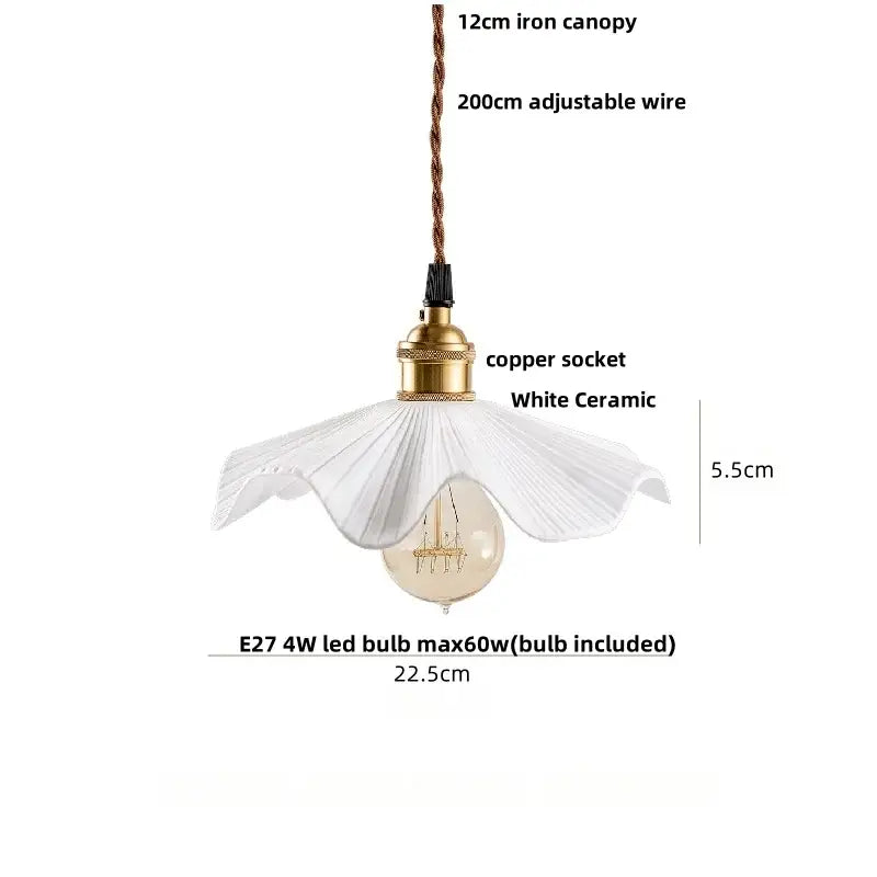 Pleated white fabric pendant light bedroom ceramic wood decor