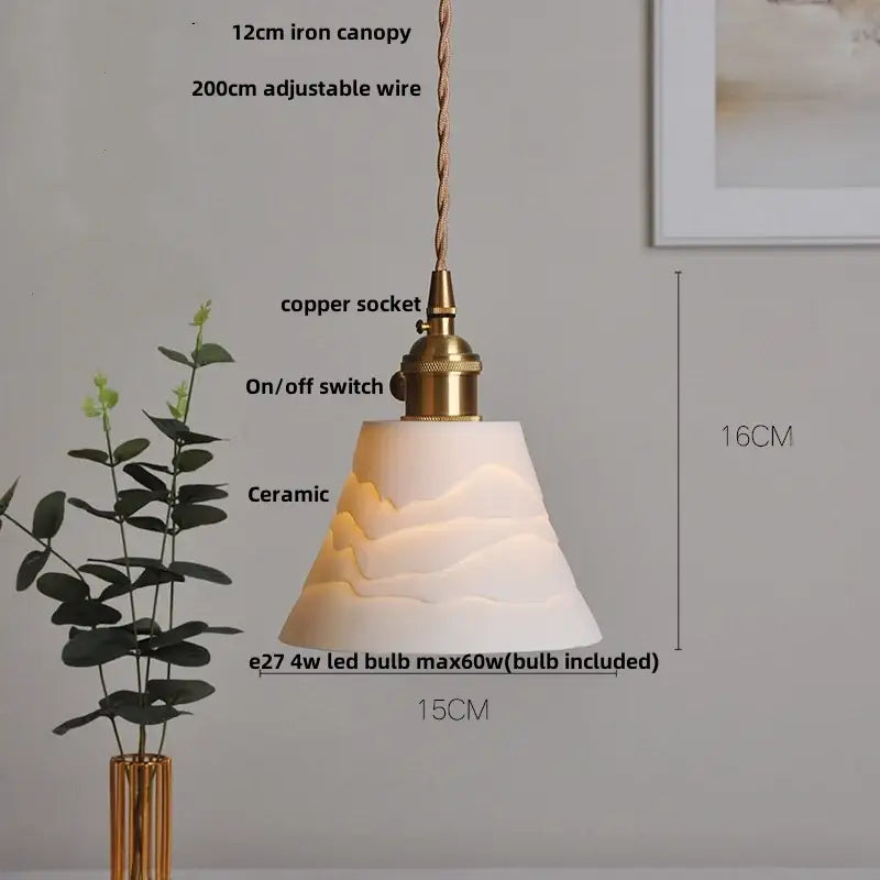 Pleated white fabric pendant light bedroom ceramic wood decor