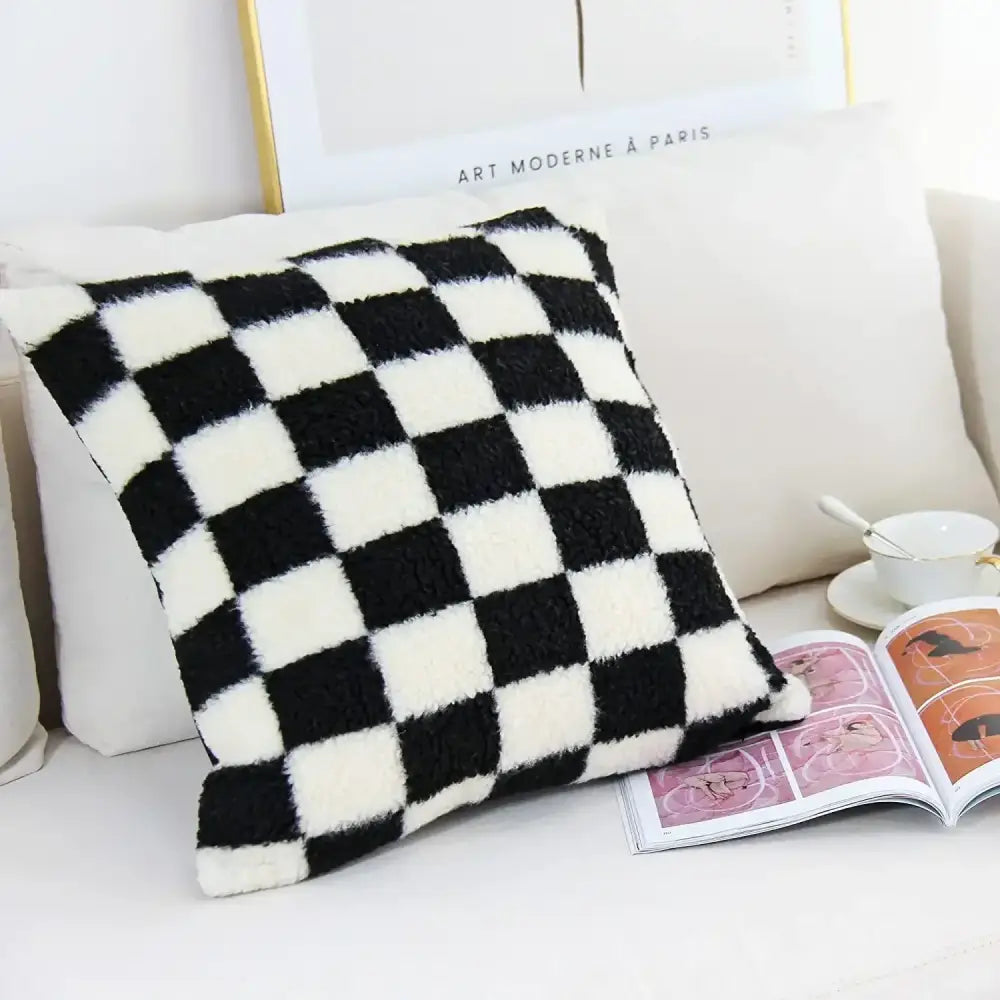 Plush black & white houndstooth cushion cover bedroom bow pillow