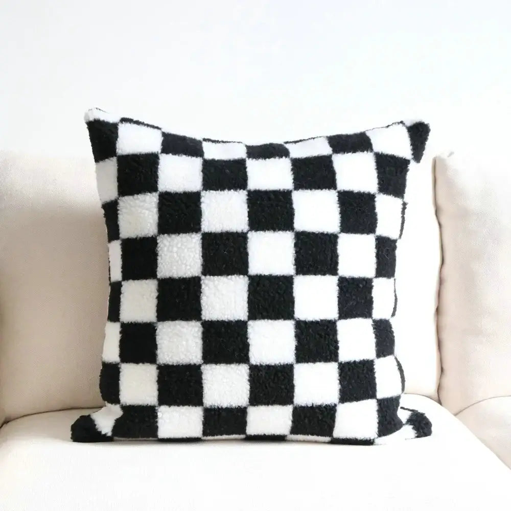 Plush black & white houndstooth cushion cover bedroom bow pillow
