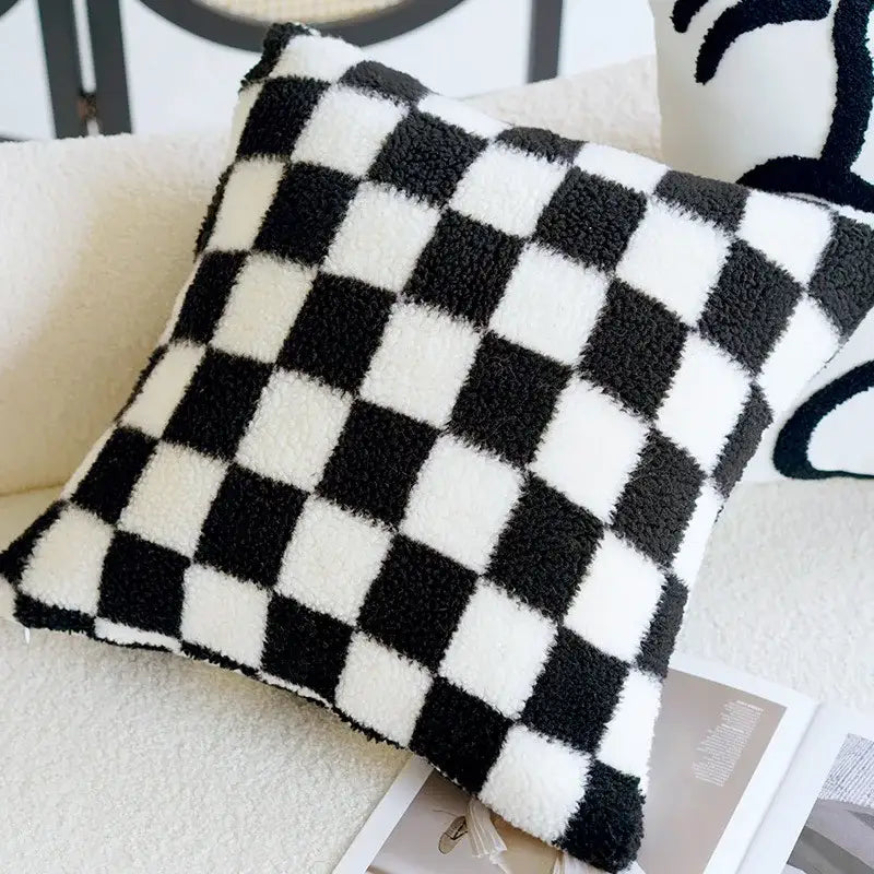 Plush black & white houndstooth cushion cover bedroom bow pillow