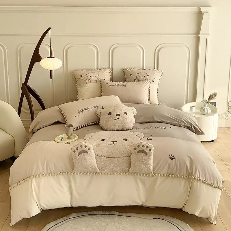Plush cream cartoon bear applique cotton bedding set bedroom quilt cover