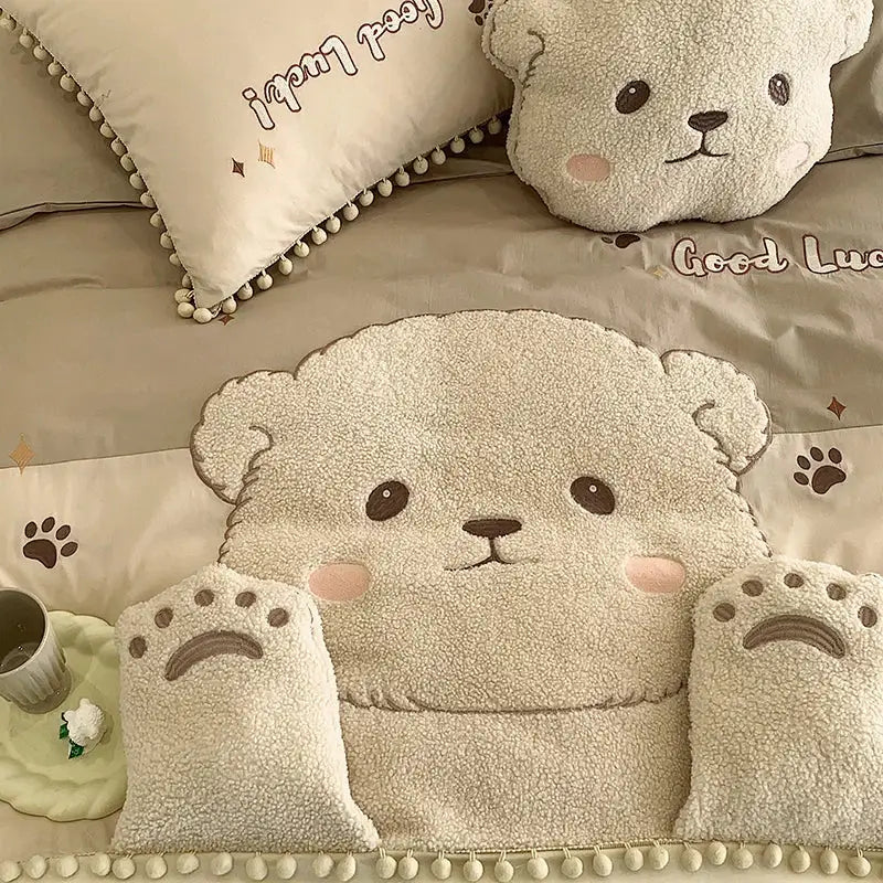 Plush cream cartoon bear applique cotton bedding set bedroom quilt cover