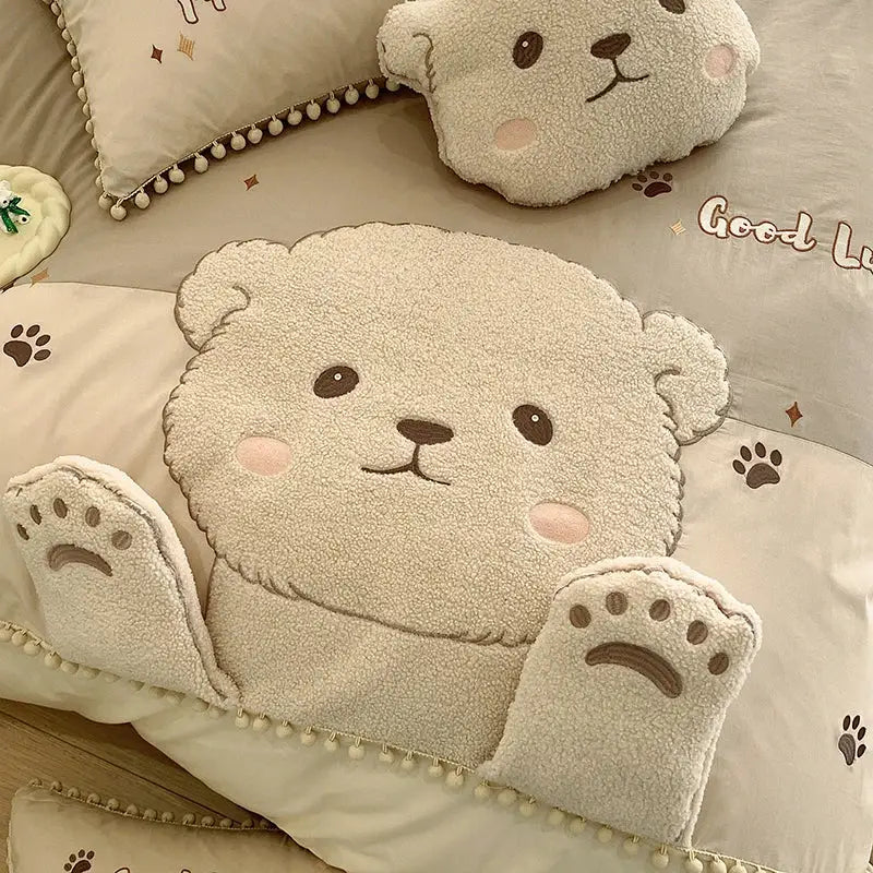 Plush cream cartoon bear applique cotton bedding set bedroom quilt cover