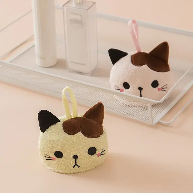Plush pink & pale yellow cartoon cat hand towel for kitchen
