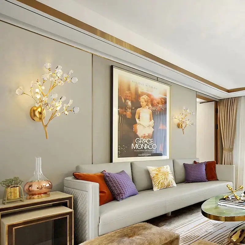 Post modern luxury gold crystal branch wall sconce bedroom light