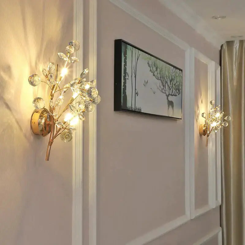 Post modern luxury gold crystal branch wall sconce bedroom light