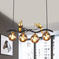 DecorBites™ Postmodern Iron Pendant Light with 4-Lights, Black/Gold Finish, Amber Ball Glass Shade, Bird Deco - Sprig Island