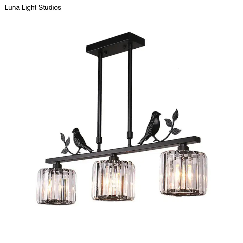DecorBites™ Postmodern Black/Gold Crystal Prism Pendant Lamp with Bird and Leaf Decoration - 3-Bulb Cylinder Hanging Island Light