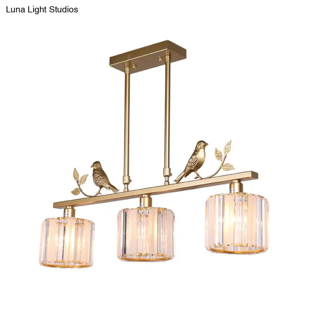 DecorBites™ Postmodern Black/Gold Crystal Prism Pendant Lamp with Bird and Leaf Decoration - 3-Bulb Cylinder Hanging Island Light