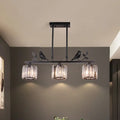 DecorBites™ Postmodern Black/Gold Crystal Prism Pendant Lamp with Bird and Leaf Decoration - 3-Bulb Cylinder Hanging Island Light