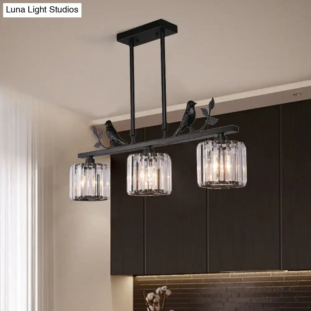 DecorBites™ Postmodern Black/Gold Crystal Prism Pendant Lamp with Bird and Leaf Decoration - 3-Bulb Cylinder Hanging Island Light