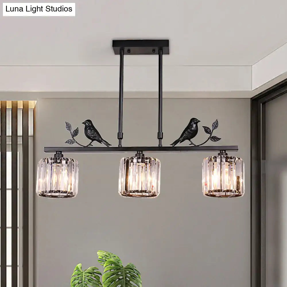 DecorBites™ Postmodern Black/Gold Crystal Prism Pendant Lamp with Bird and Leaf Decoration - 3-Bulb Cylinder Hanging Island Light
