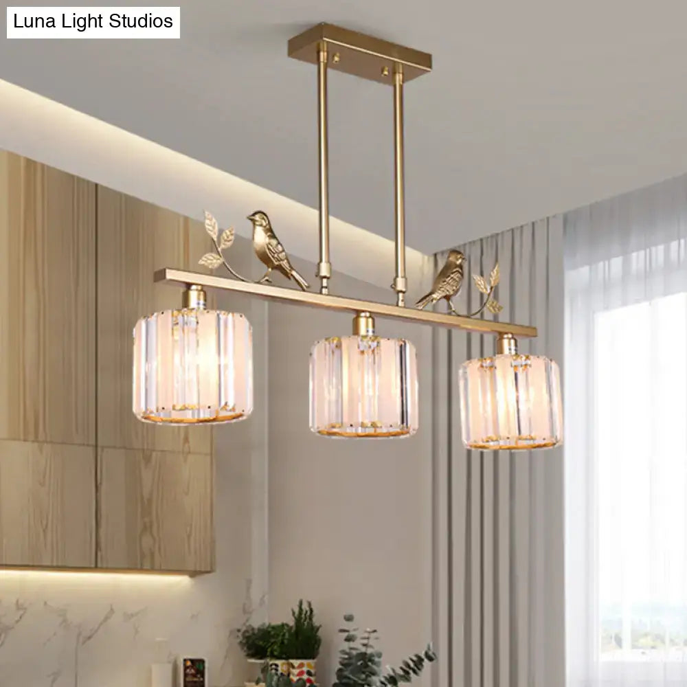 DecorBites™ Postmodern Black/Gold Crystal Prism Pendant Lamp with Bird and Leaf Decoration - 3-Bulb Cylinder Hanging Island Light