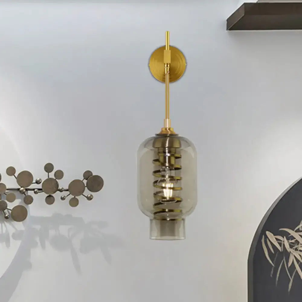 Postmodern brass and smoke gray glass wall lamp for tea room