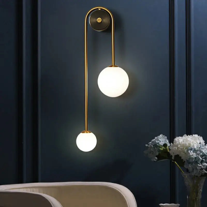 DecorBites™ Postmodern Brass Arc Wall Sconce Light with Opal Glass Shade - 2-Head Metal Design
