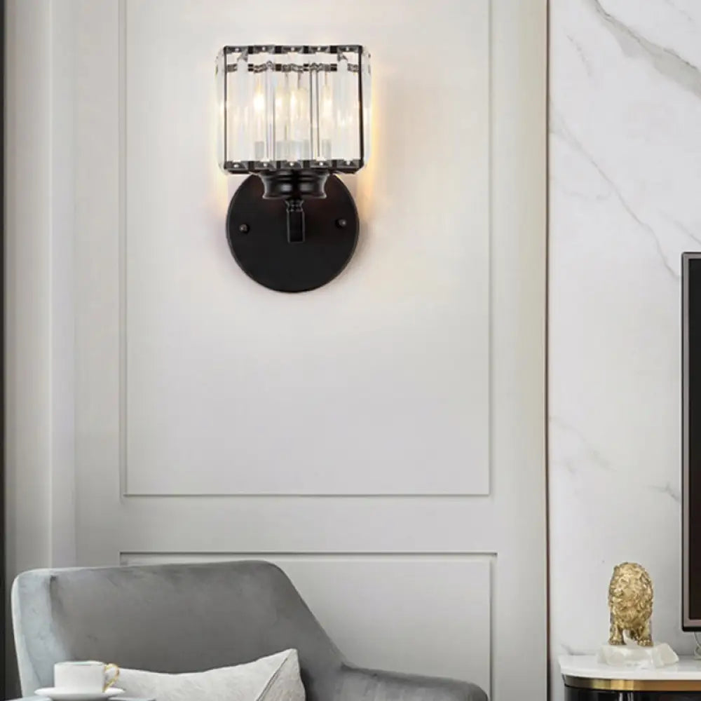 DecorBites™ Postmodern Crystal Block Wall Sconce with Brass/Black Backplate for Bedroom