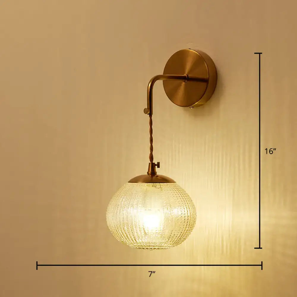 DecorBites™ Postmodern Brass Sconce Bedside Wall Light with Textured Glass Shade - 1-Bulb Ball Shaped Lamp