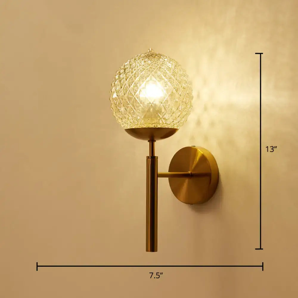 DecorBites™ Postmodern Brass Sconce Bedside Wall Light with Textured Glass Shade - 1-Bulb Ball Shaped Lamp