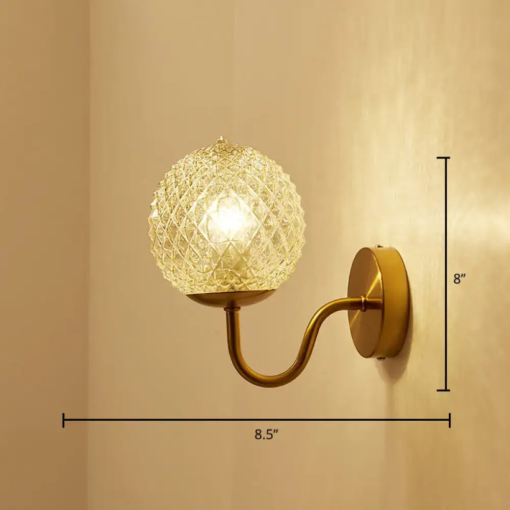 DecorBites™ Postmodern Brass Sconce Bedside Wall Light with Textured Glass Shade - 1-Bulb Ball Shaped Lamp
