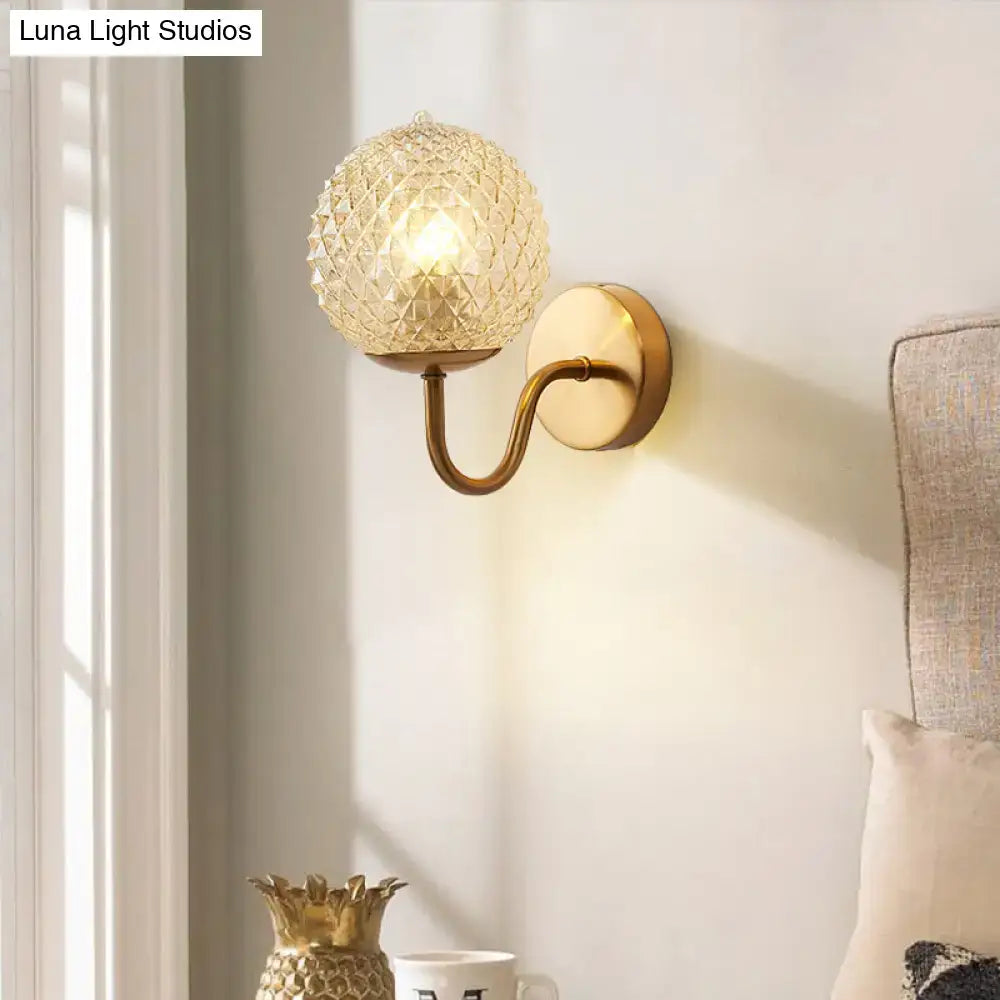 DecorBites™ Postmodern Brass Sconce Bedside Wall Light with Textured Glass Shade - 1-Bulb Ball Shaped Lamp