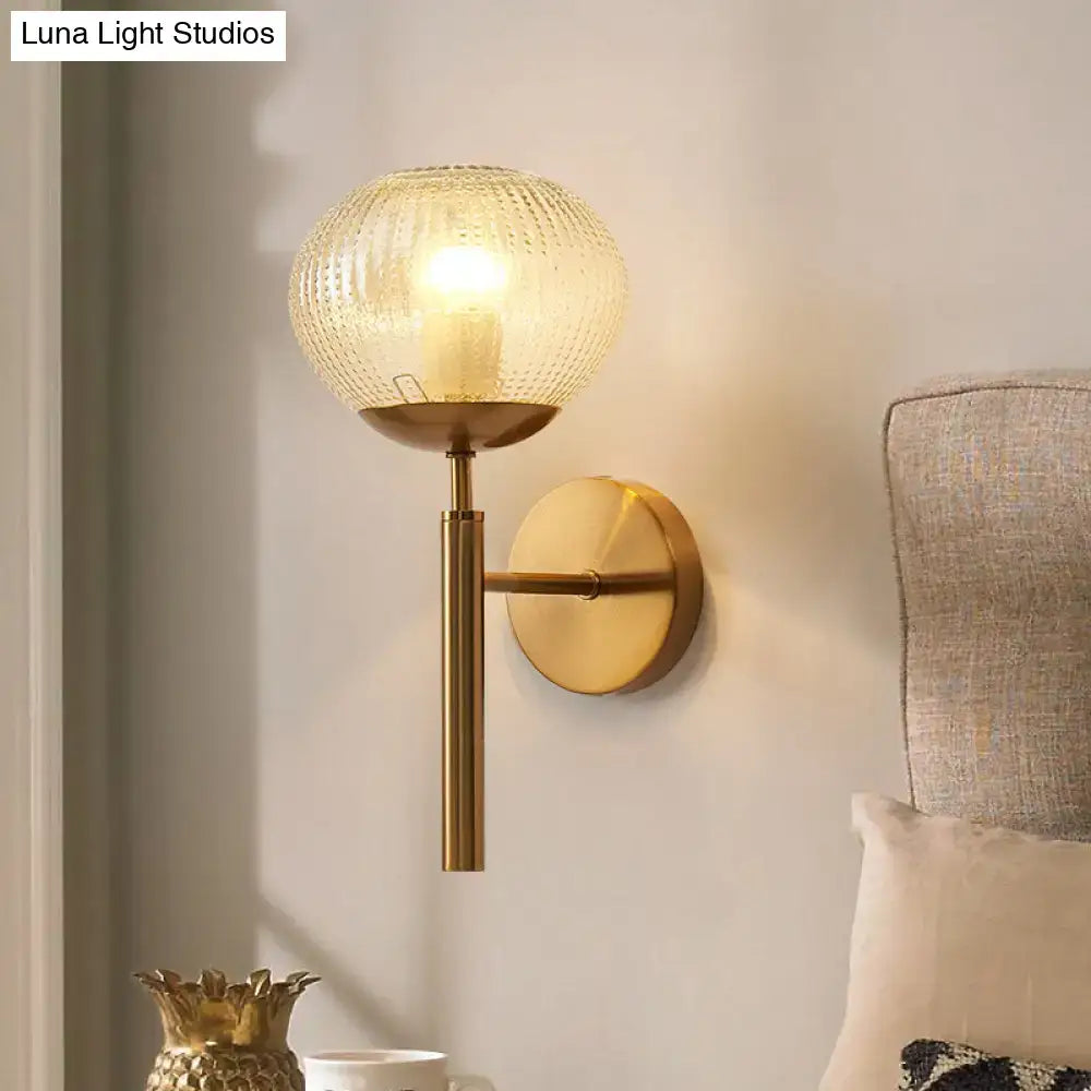DecorBites™ Postmodern Brass Sconce Bedside Wall Light with Textured Glass Shade - 1-Bulb Ball Shaped Lamp