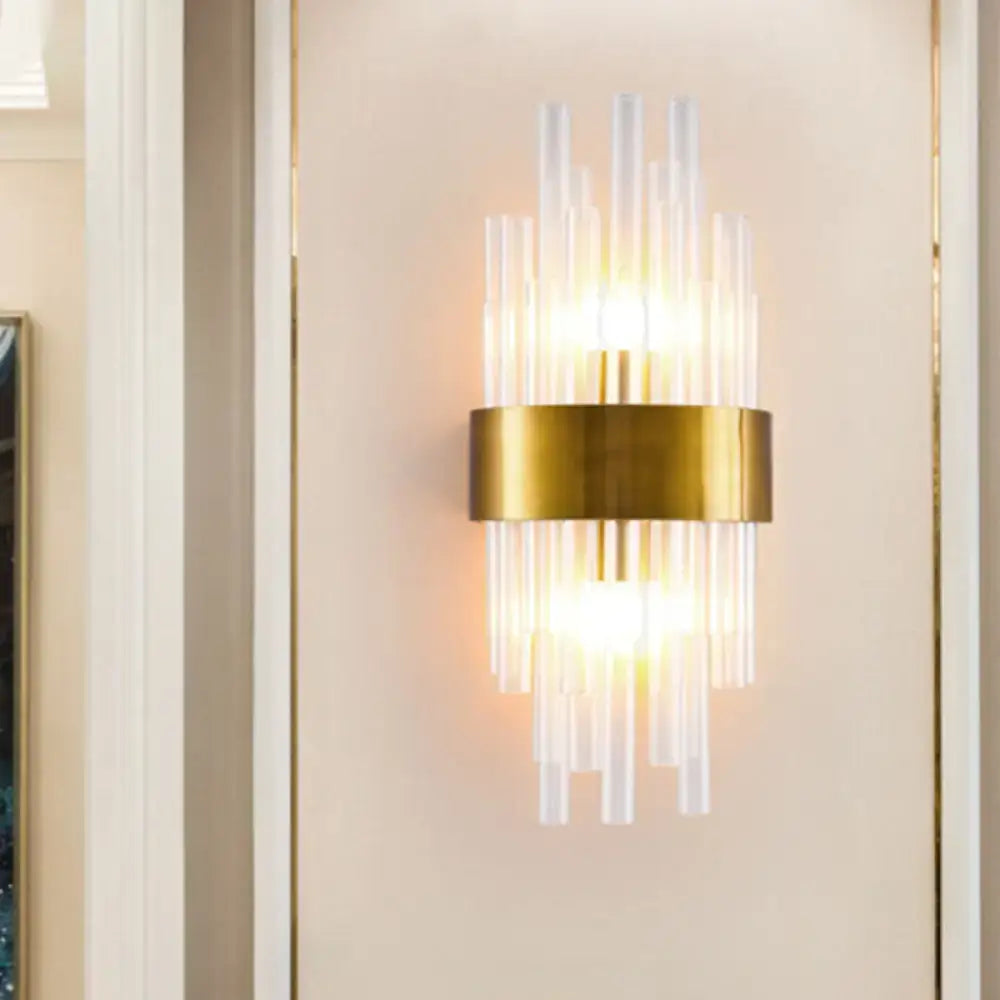 DecorBites™ Postmodern Gold Wall Sconce with Fluted Crystal Shade - 2 Head Bedroom Mount Light