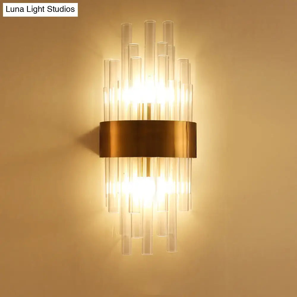 DecorBites™ Postmodern Gold Wall Sconce with Fluted Crystal Shade - 2 Head Bedroom Mount Light