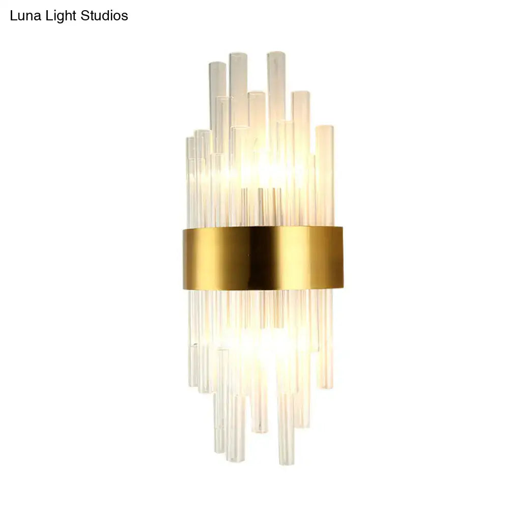 DecorBites™ Postmodern Gold Wall Sconce with Fluted Crystal Shade - 2 Head Bedroom Mount Light