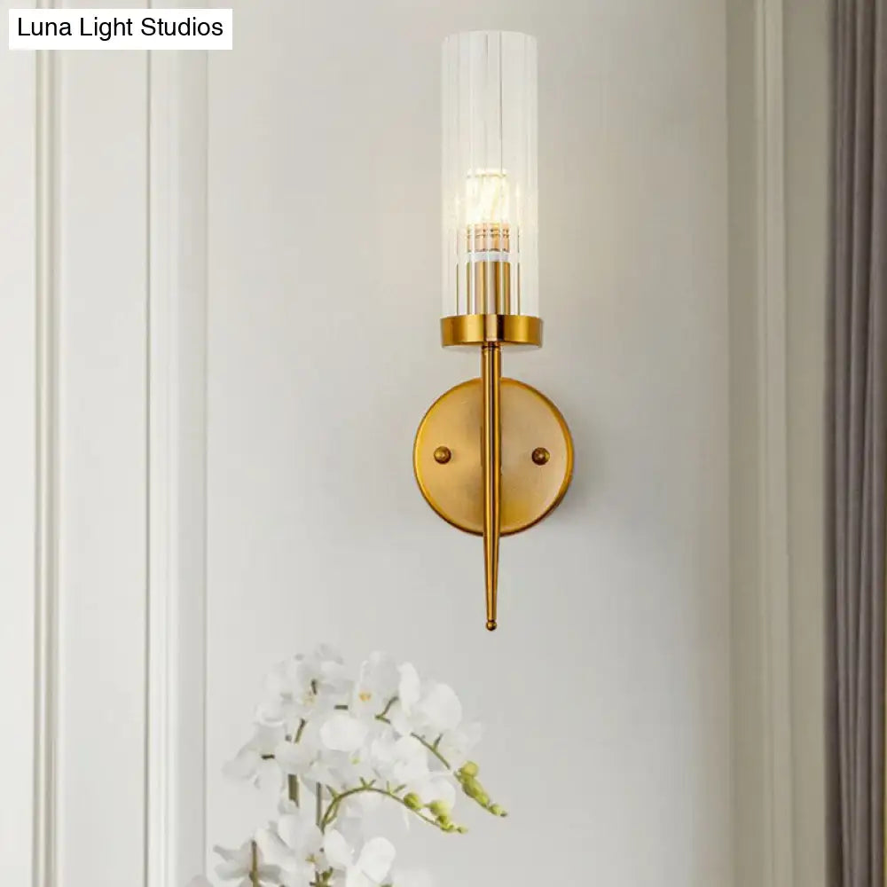 DecorBites™ Postmodern Cylindrical Wall Mount Light in Gold with Clear Ribbed Glass - Perfect for Stairway Lighting