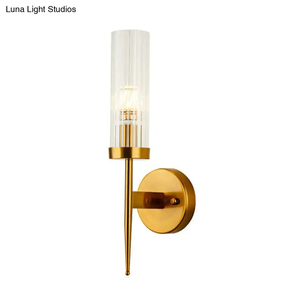 DecorBites™ Postmodern Cylindrical Wall Mount Light in Gold with Clear Ribbed Glass - Perfect for Stairway Lighting