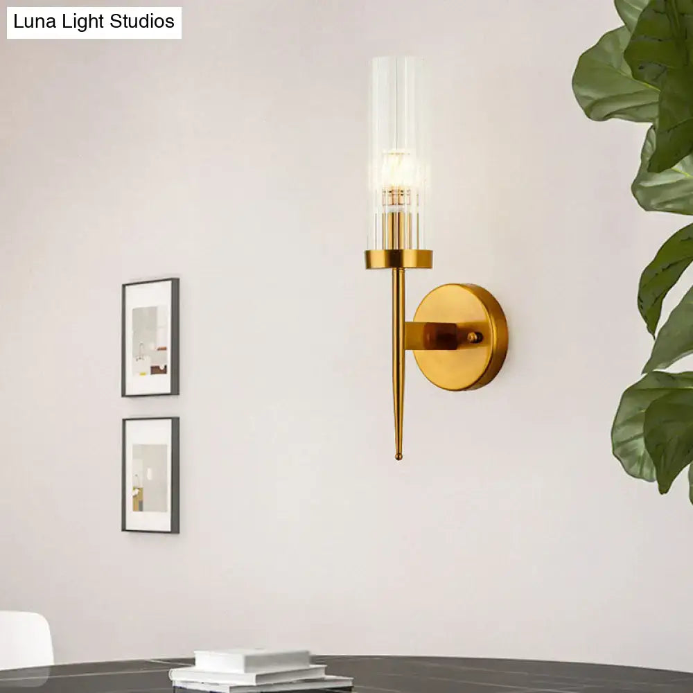 DecorBites™ Postmodern Cylindrical Wall Mount Light in Gold with Clear Ribbed Glass - Perfect for Stairway Lighting