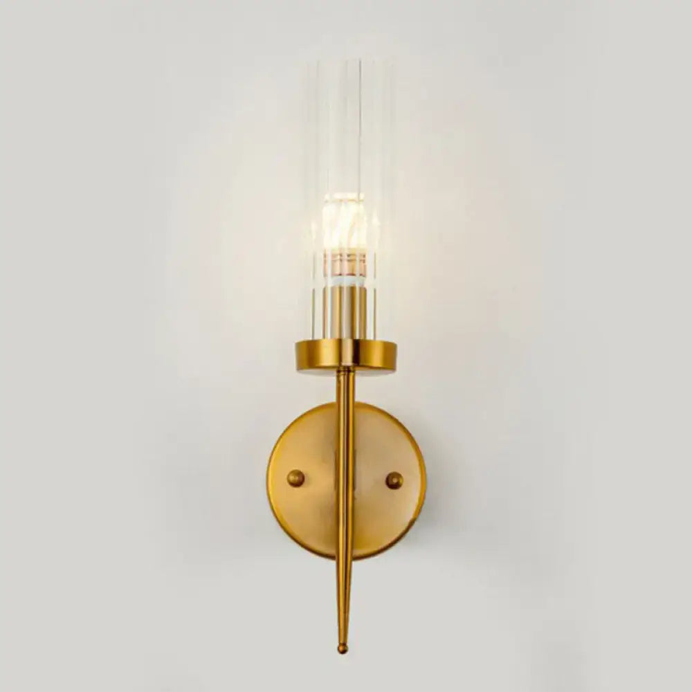 DecorBites™ Postmodern Cylindrical Wall Mount Light in Gold with Clear Ribbed Glass - Perfect for Stairway Lighting