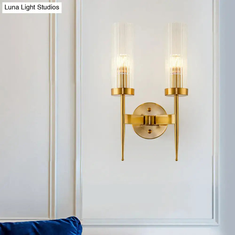 DecorBites™ Postmodern Cylindrical Wall Mount Light in Gold with Clear Ribbed Glass - Perfect for Stairway Lighting