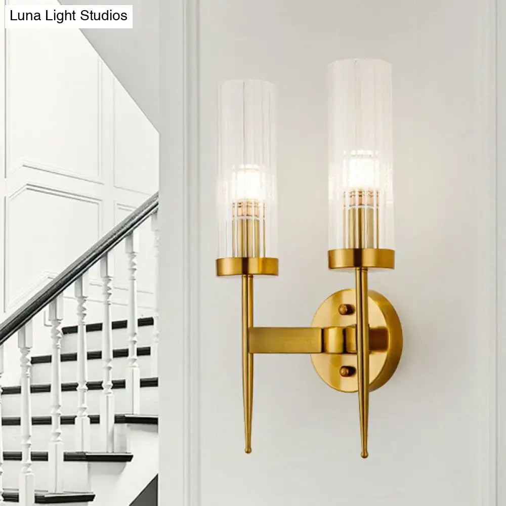 DecorBites™ Postmodern Cylindrical Wall Mount Light in Gold with Clear Ribbed Glass - Perfect for Stairway Lighting