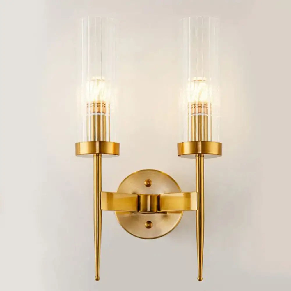 DecorBites™ Postmodern Cylindrical Wall Mount Light in Gold with Clear Ribbed Glass - Perfect for Stairway Lighting
