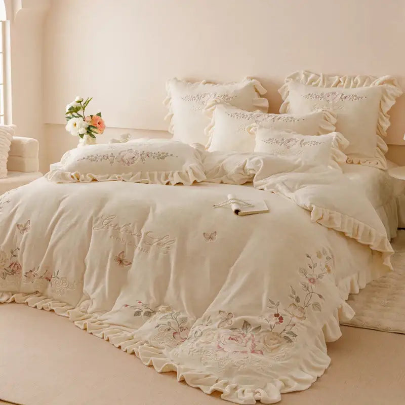 Princess cream flowers embroidery ruffles bedding set bedroom decor