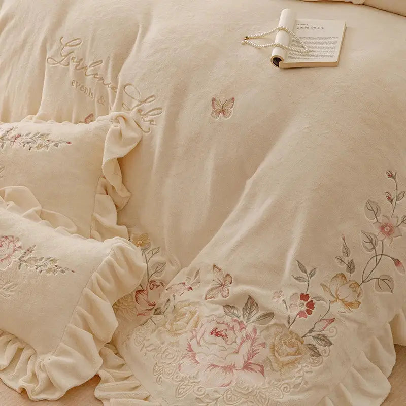 Princess cream flowers embroidery ruffles bedding set bedroom decor