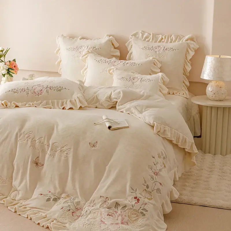 Princess cream flowers embroidery ruffles bedding set bedroom decor