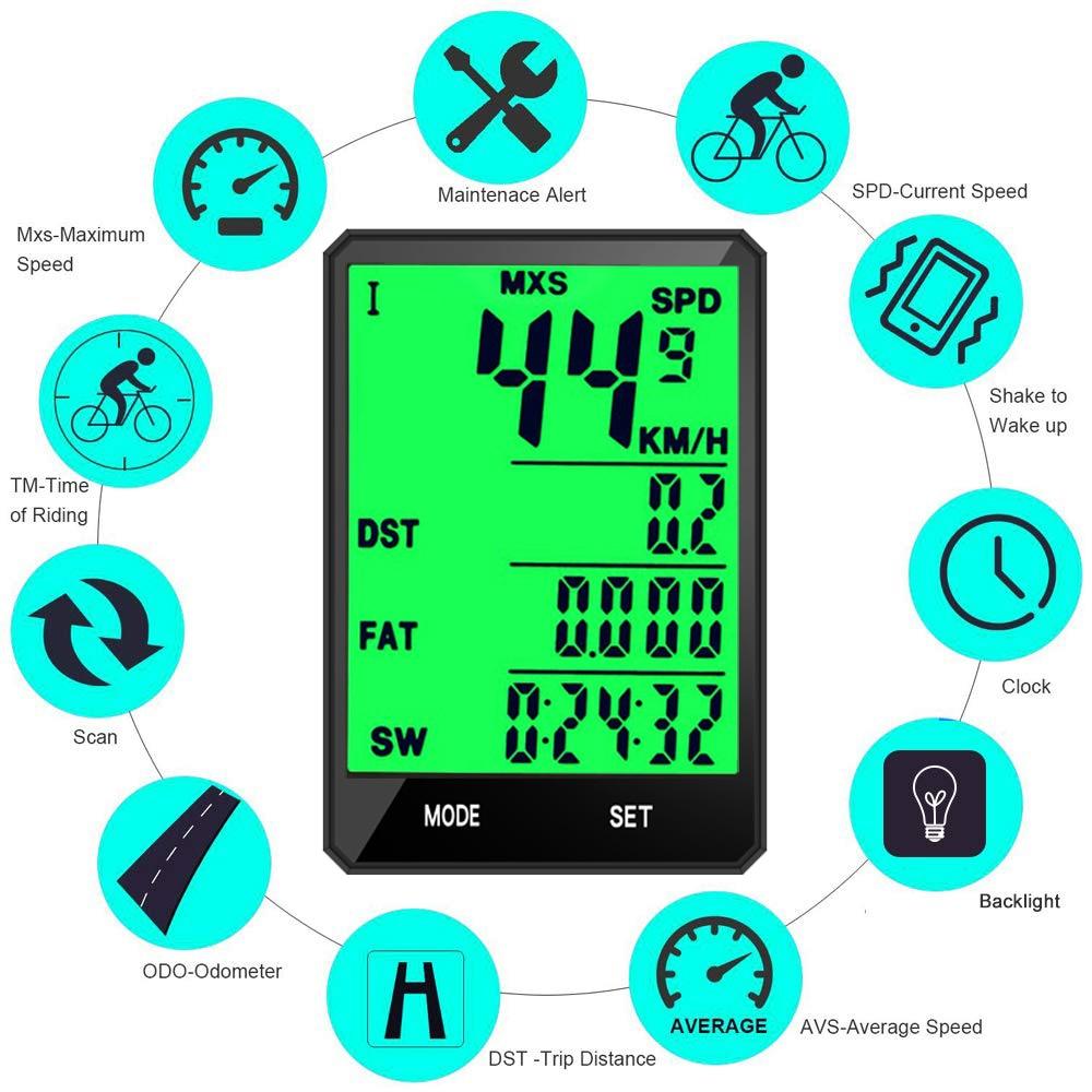 Waterproof Bicycle Computer Wireless And Wired Bike Cycling Odometer Stopwatch Speedometer Bicycle Speedometer With LCD Display 20 Functions And Automatic Wake-up
