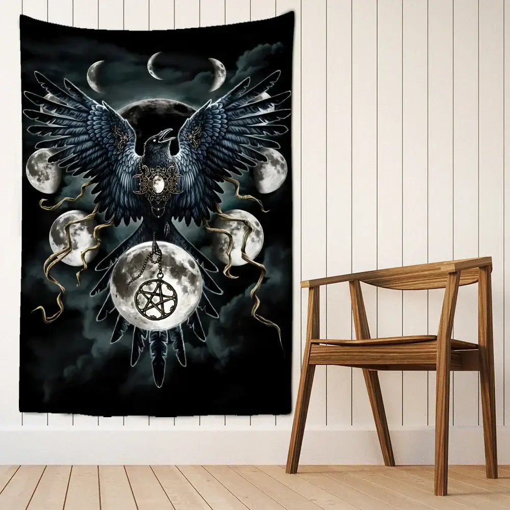 Psychedelic black and gold condor moon universe tapestry bedroom decor