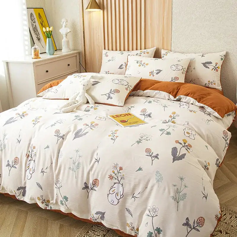 Purple and blue floral leaf print bedding set bedroom decor