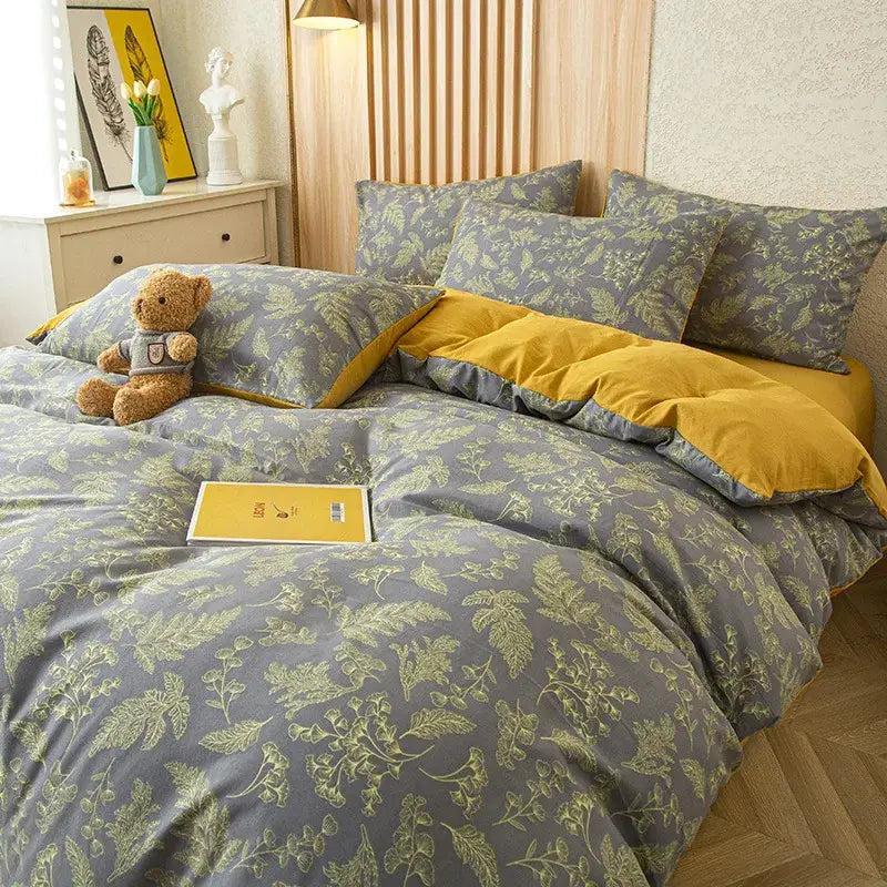 Purple and blue floral leaf print bedding set bedroom decor