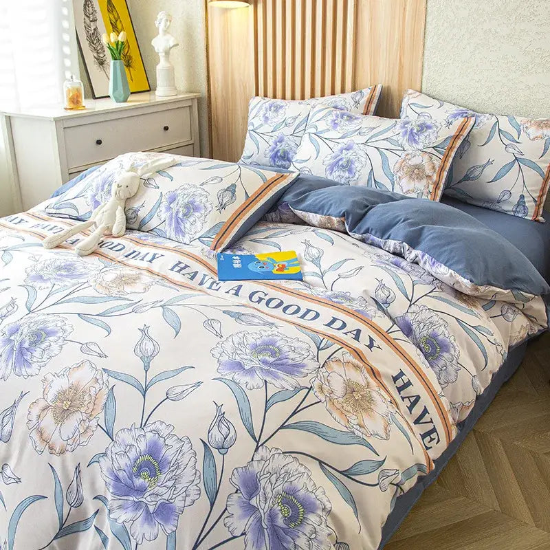Purple and blue floral leaf print bedding set bedroom decor