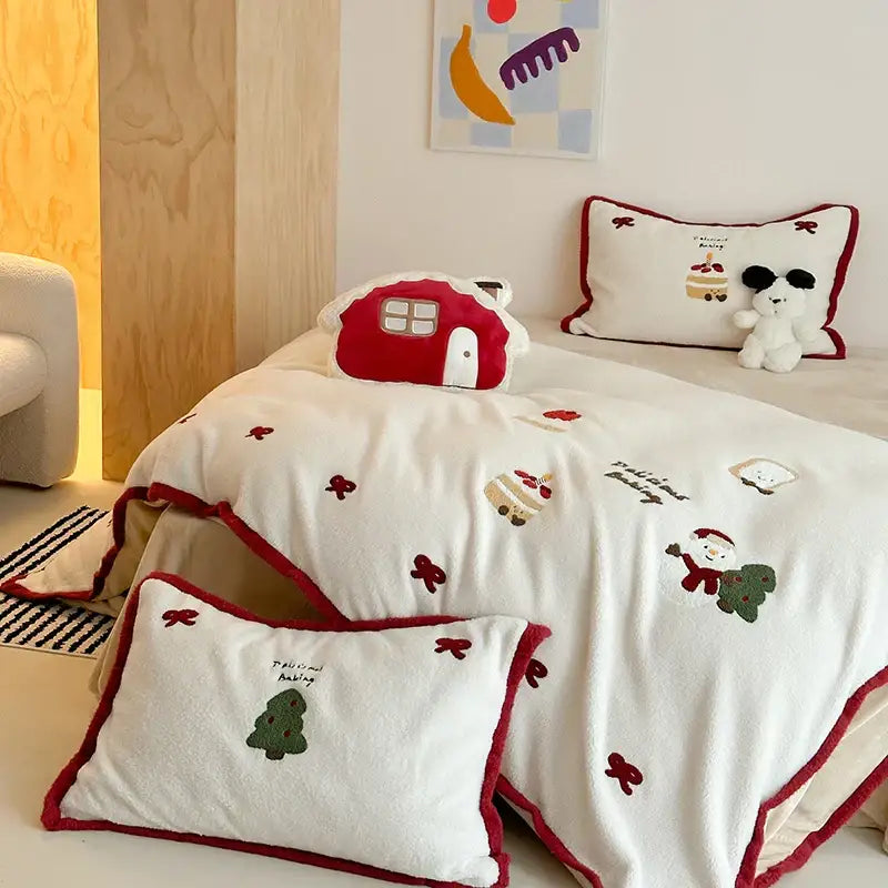 Red and white cartoon embroidered bedding set bedroom plush house